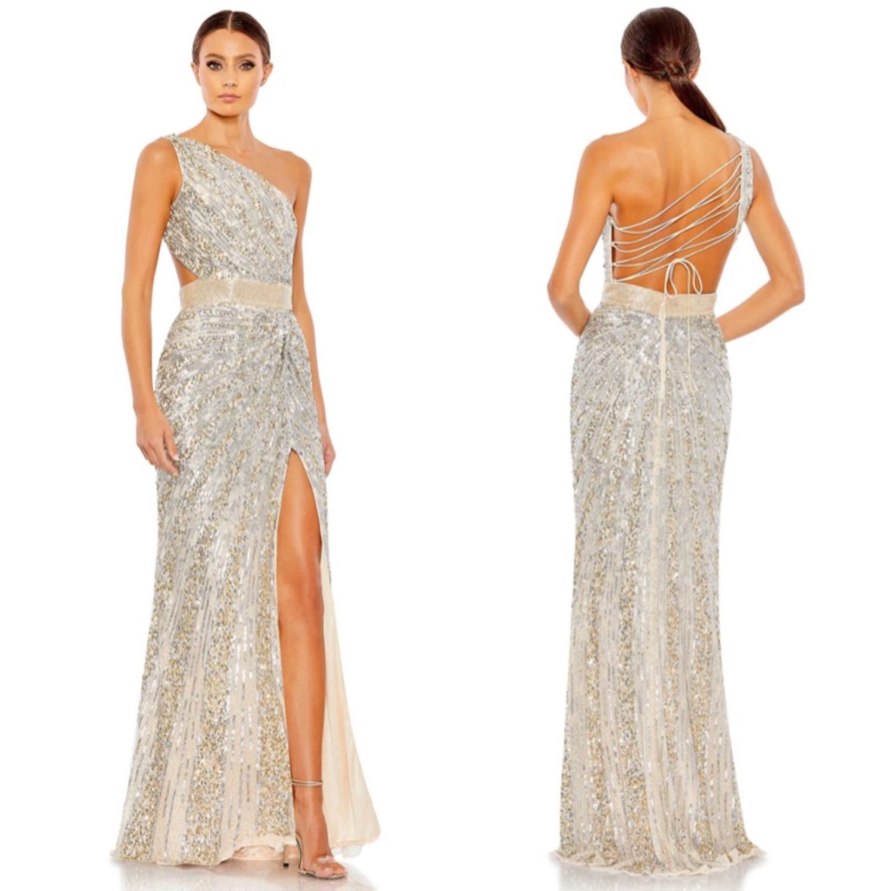 Mac Duggal Sequined One Shoulder Draped Lace Up Gown Dress Nude Silver in 10 NWT